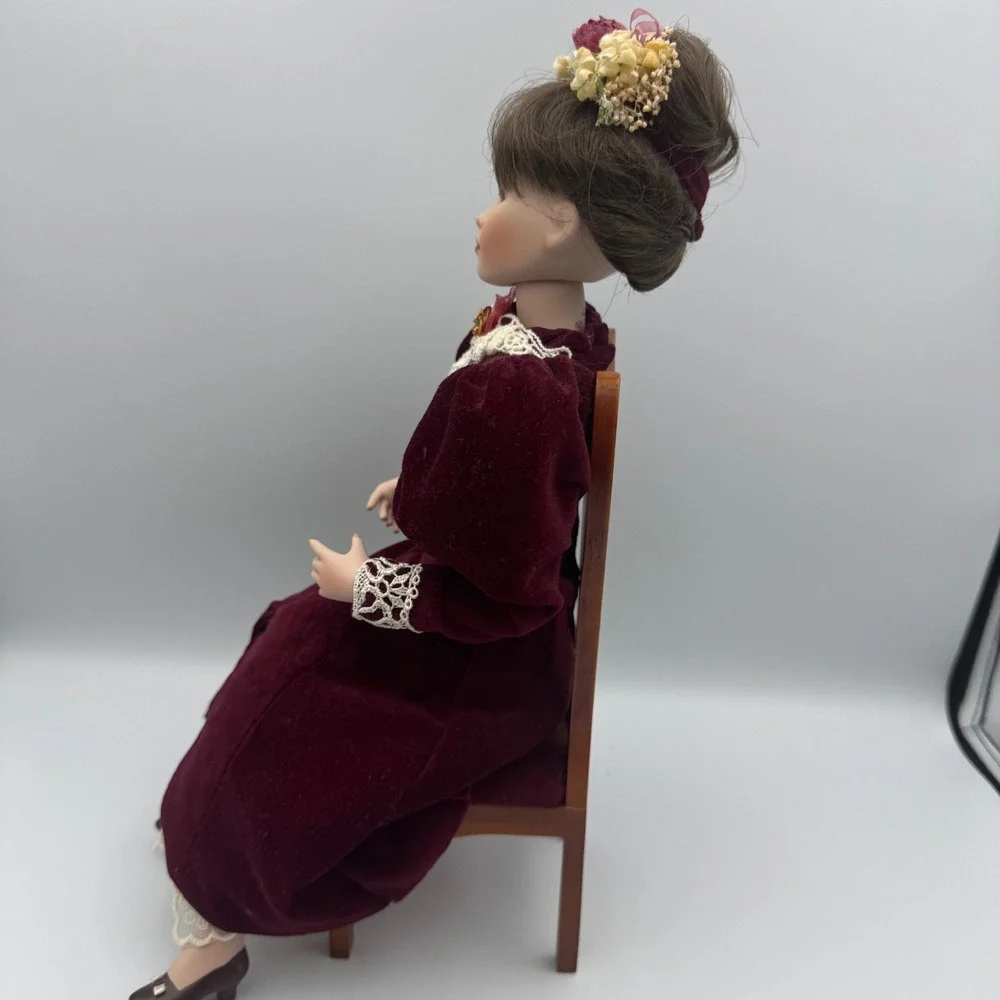 Vintage‎ Porcelain Doll Victorian Burgundy Velvet Dress Floral Hairpiece W Chair